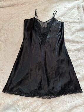 Delicates Black Satin Lace-Detail Chemise